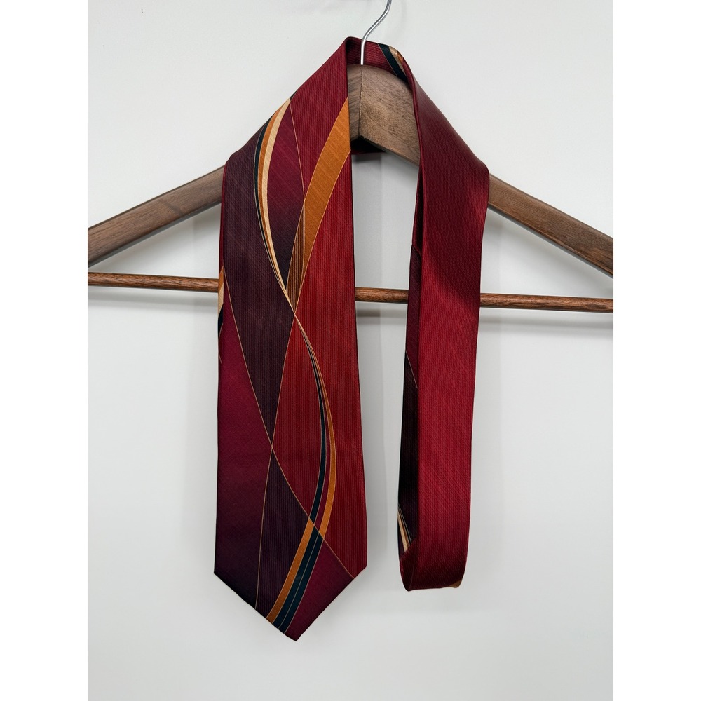 Martin Wong Collection Necktie Mens OS Red Excellent Silk Geometric Hand Made